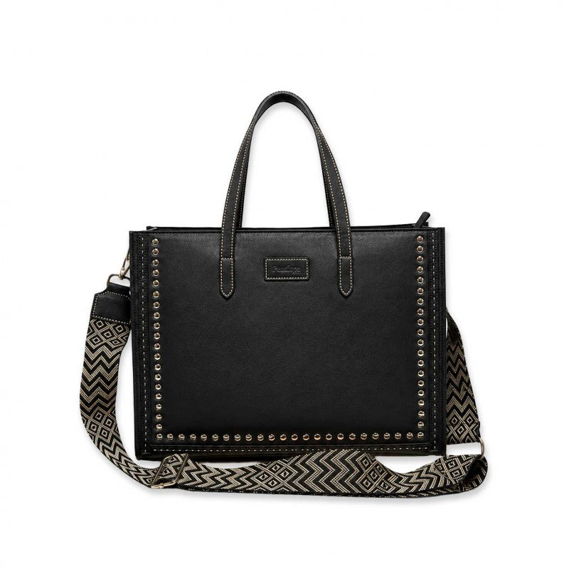 Penelope leather bag with wide adjustable herringbone patterned shoulder strap.