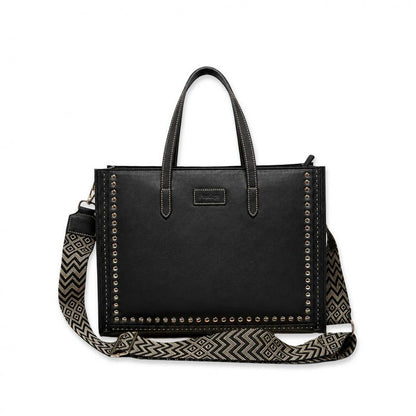 Penelope leather bag with wide adjustable herringbone patterned shoulder strap.