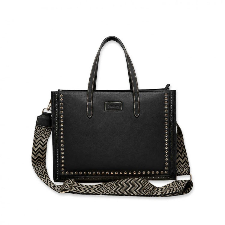 Penelope leather bag with wide adjustable herringbone patterned shoulder strap.