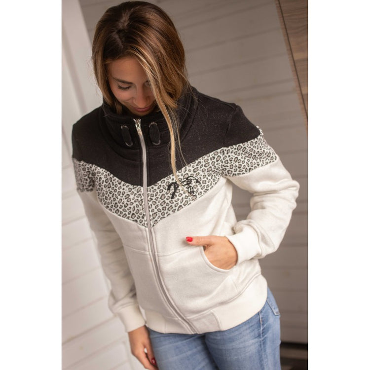 Penelope Leonative glitter leopard zip jacket with statement three-block design and stand-up collar.