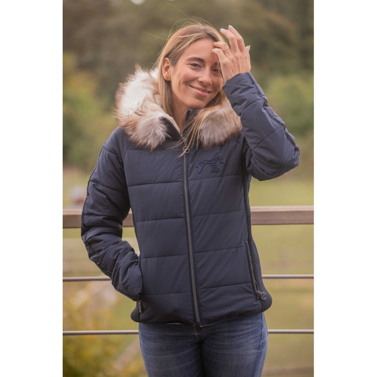 Penelope Louxy jacket with sparkling sequin stripes on the sleeves and embroidered chest logo