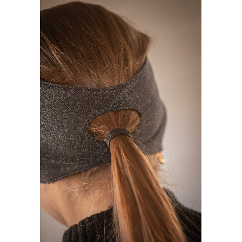Penelope Melanie ponytail headband with practical rear opening for a ponytail or bun.