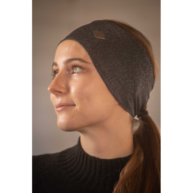 Penelope Melanie riding headband with lightweight stretch fabric and subtle grey glitter finish