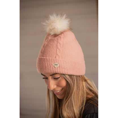 Penelope Michka fleece lined beanie with elegant cable knit design and soft pom-pom.