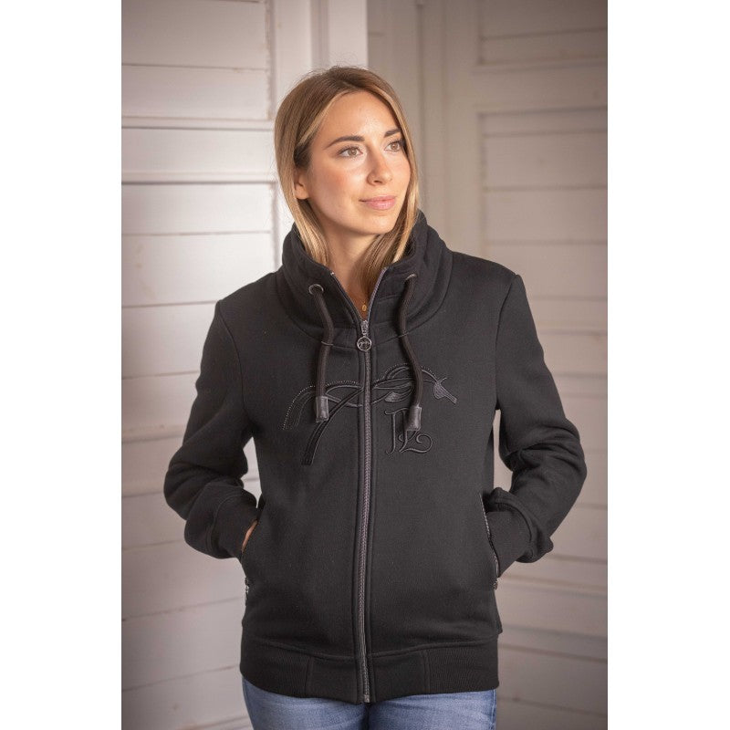 Penelope Native glitter sweater with high collar, front zip and sparkling crystal logo details.