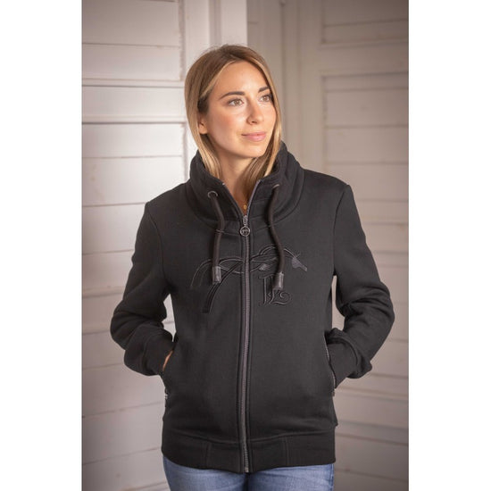 Penelope Native glitter sweater with high collar, front zip and sparkling crystal logo details.