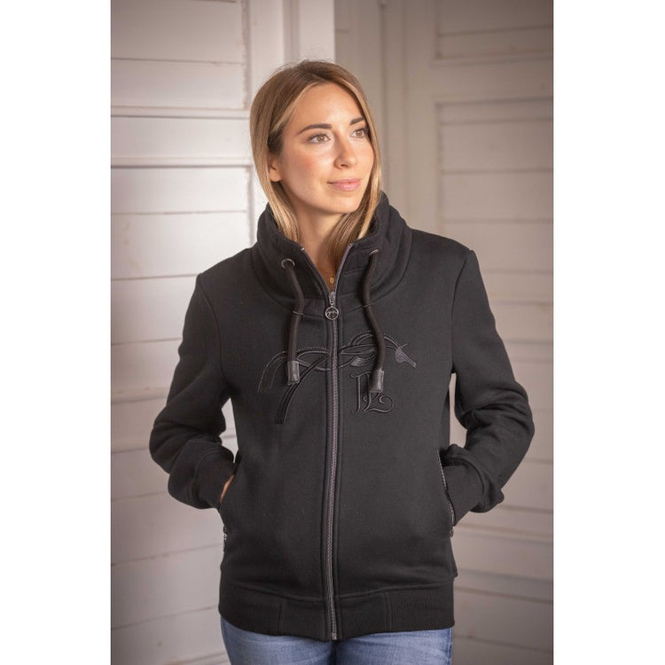 Penelope Native glitter sweater with high collar, front zip and sparkling crystal logo details.