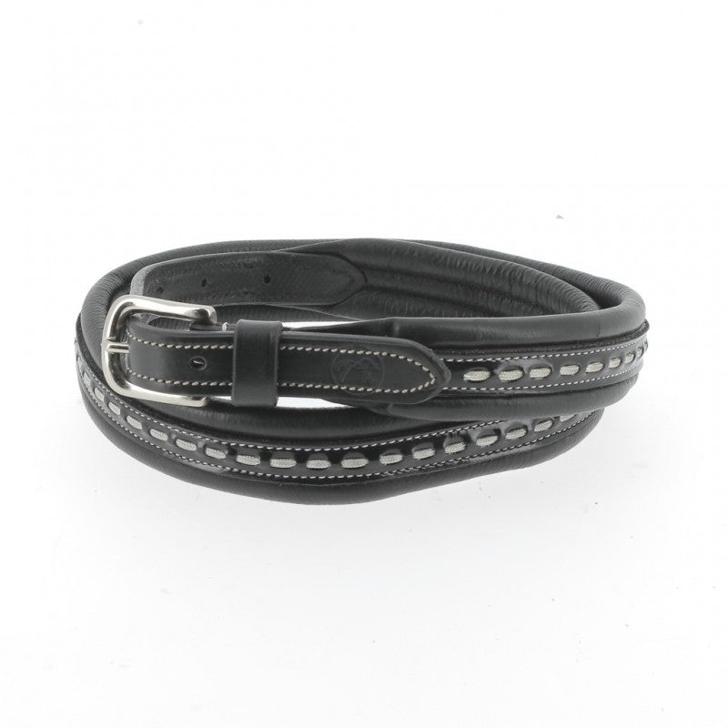Penelope Point Sellier leather belt with elegant cream saddle stitching.