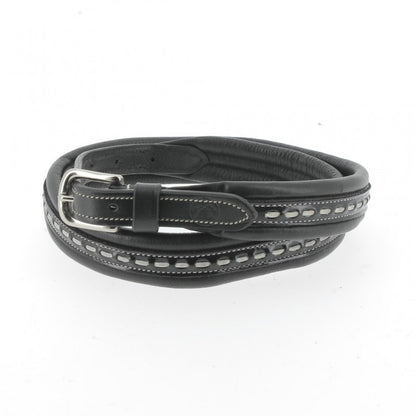 Penelope Point Sellier leather belt with elegant cream saddle stitching.