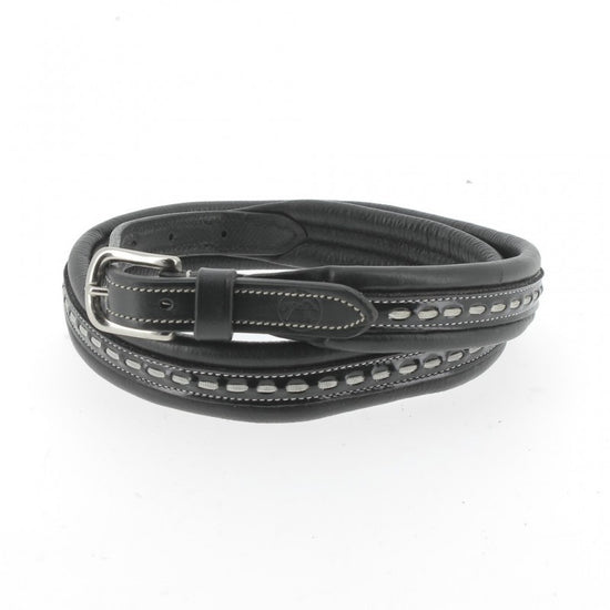 Penelope Point Sellier leather belt with elegant cream saddle stitching.
