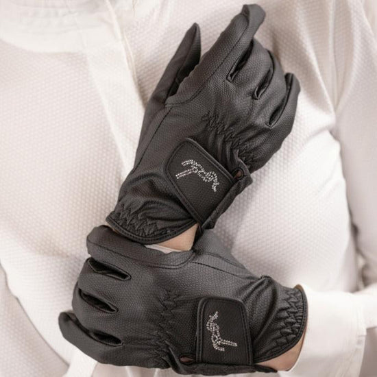 Penelope Prisma Riding Gloves with sparkling rhinestone logo and slim comfortable fit.