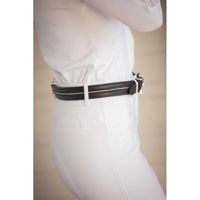 Penelope rhinestone leather belt with elegant silver-tone sliding buckle and signature branding.