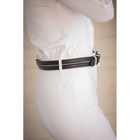 Penelope rhinestone leather belt with elegant silver-tone sliding buckle and signature branding.