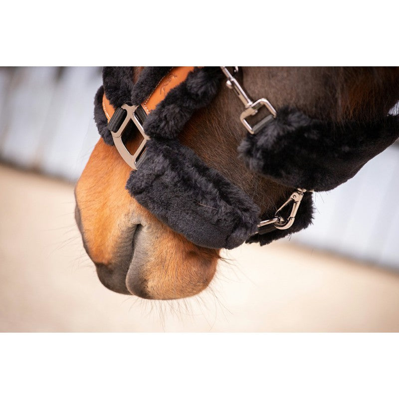 Penelope soft nylon halter with synthetic sheepskin covering.