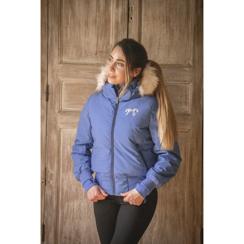 Winter equestrian jacket with large faux fur hood