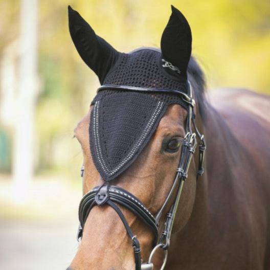 Penelope Strass long ear bonnet with elegant rhinestone logo detail on the left ear.