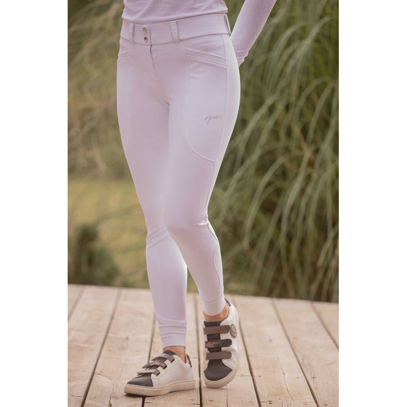 Penelope Sybille stretch riding breeches with Lycra leg cuffs and sparkling rhinestone horse logo.