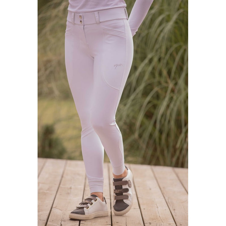 Penelope Sybille stretch riding breeches with Lycra leg cuffs and sparkling rhinestone horse logo.