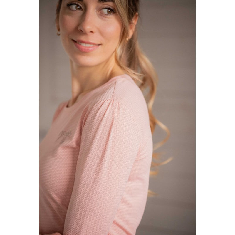 Penelope Techty Honey equestrian top with long gathered sleeves and a lightweight performance design.