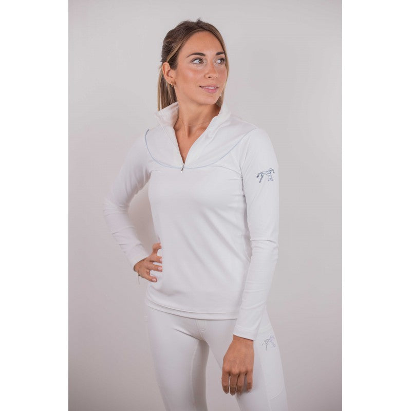 Penelope Toscane long sleeve polo shirt with rounded bib and elegant sky-blue piping