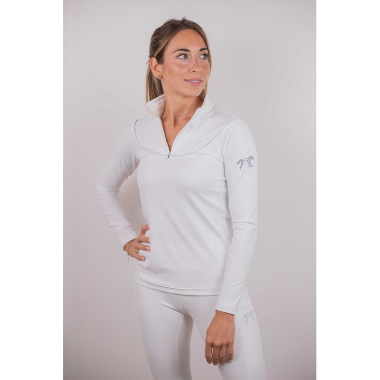 Penelope Toscane long sleeve polo shirt with rounded bib and elegant sky-blue piping