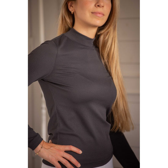 Penelope Tutty riding shirt with small stand-up collar and sparkling rhinestone logo