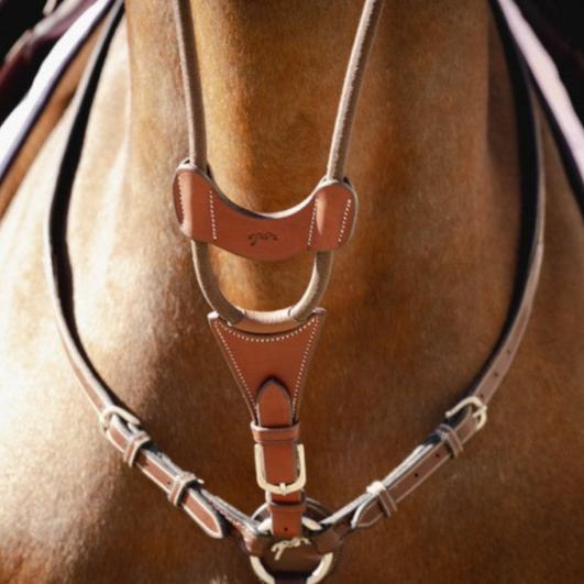 Penelope US Elastic Martingale Fork with two round elastic straps connected by a leather link.