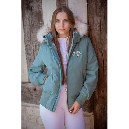 Penelope Winter Jacket Step in Emerald Green with warm teddy fleece lining and faux fur hood.