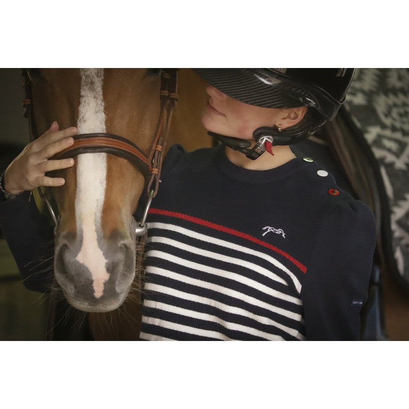 Penelope women’s sailor stripe sweater with equestrian-inspired styling.