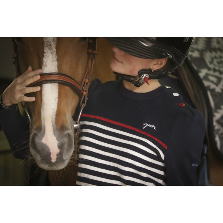 Penelope women’s sailor stripe sweater with equestrian-inspired styling.