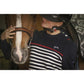 Penelope women’s sailor stripe sweater with equestrian-inspired styling.