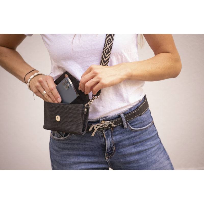 Phone bag for horse riding with practical crossbody carrying option in black