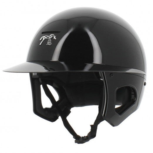 Polo visor riding helmet with a long peak for training and equestrian competition.