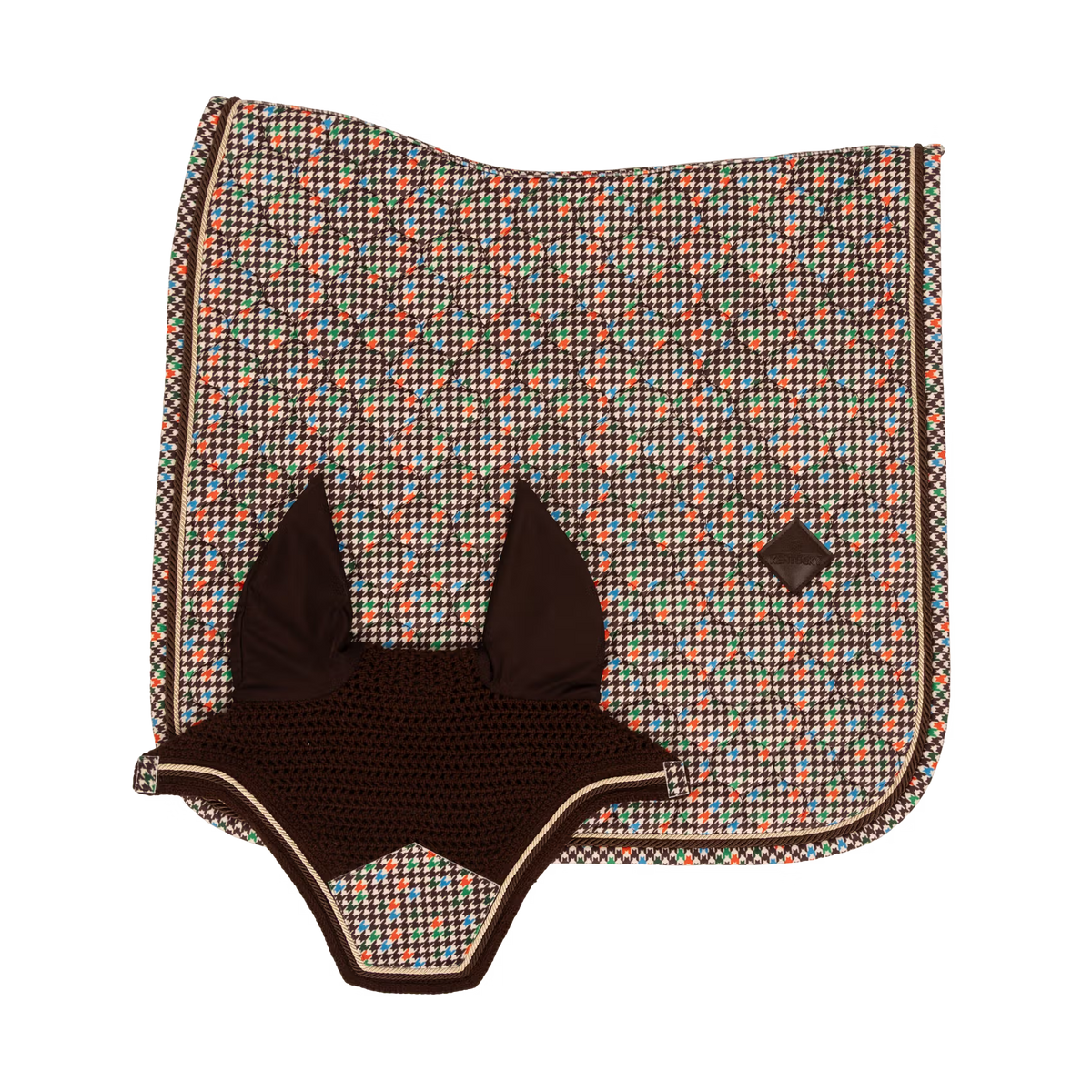 Velvet houndstooth saddle pad for dressage horses and riders.