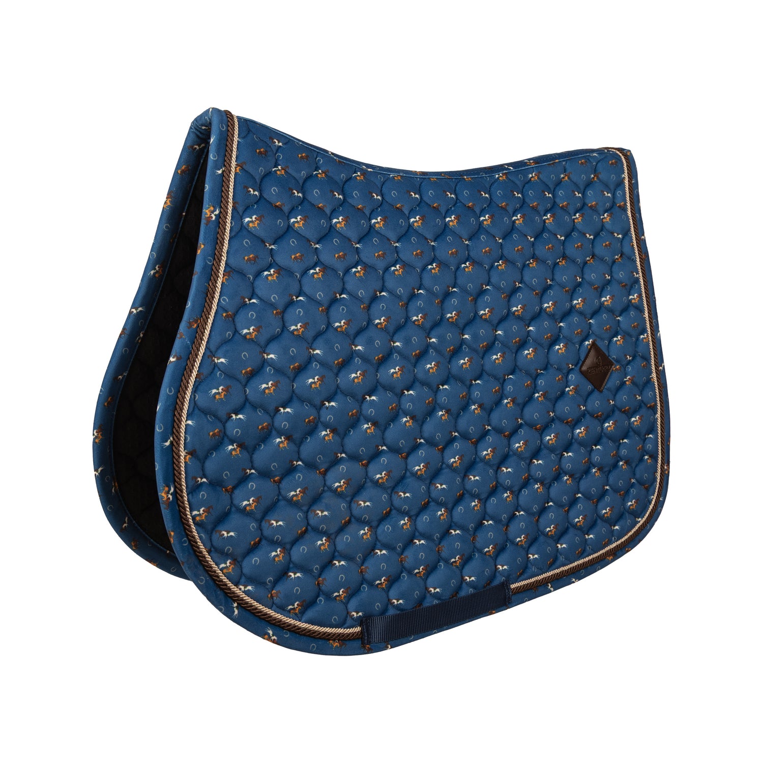 Quilted velvet saddle pad with cushioning and space for personalized embroidery