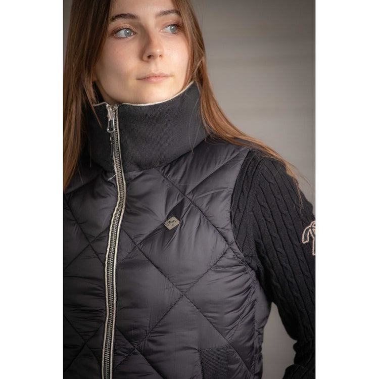 Reversible puffer gilet with high collar and lurex trim details