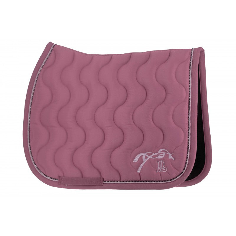 Rhinestone equestrian saddle pad with elegant braided trim for training and competition.