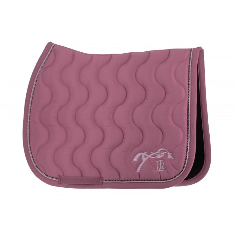 Rhinestone equestrian saddle pad with elegant braided trim for training and competition.