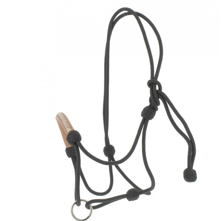 Black rope halter with leather noseband and white stitching.