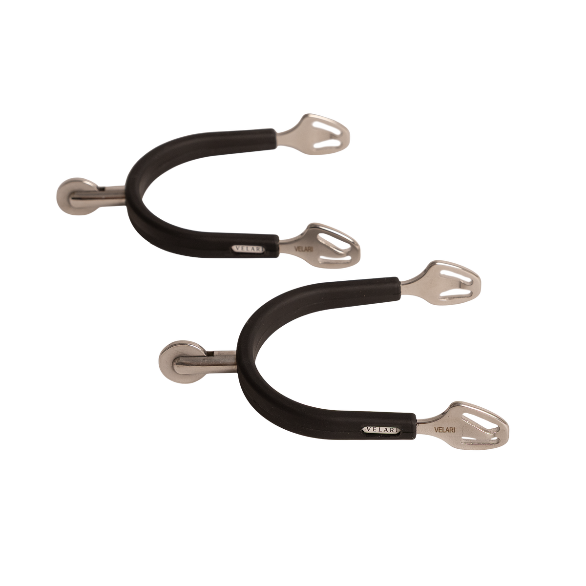 Rubber-coated horse riding spurs with rolling rowel for controlled contact