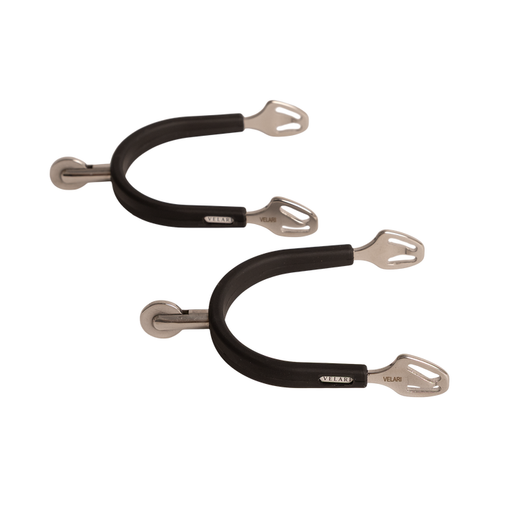 Rubber-coated horse riding spurs with rolling rowel for controlled contact