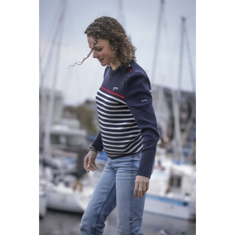 Sailor stripe sweater for women with navy, red and ecru detailing.