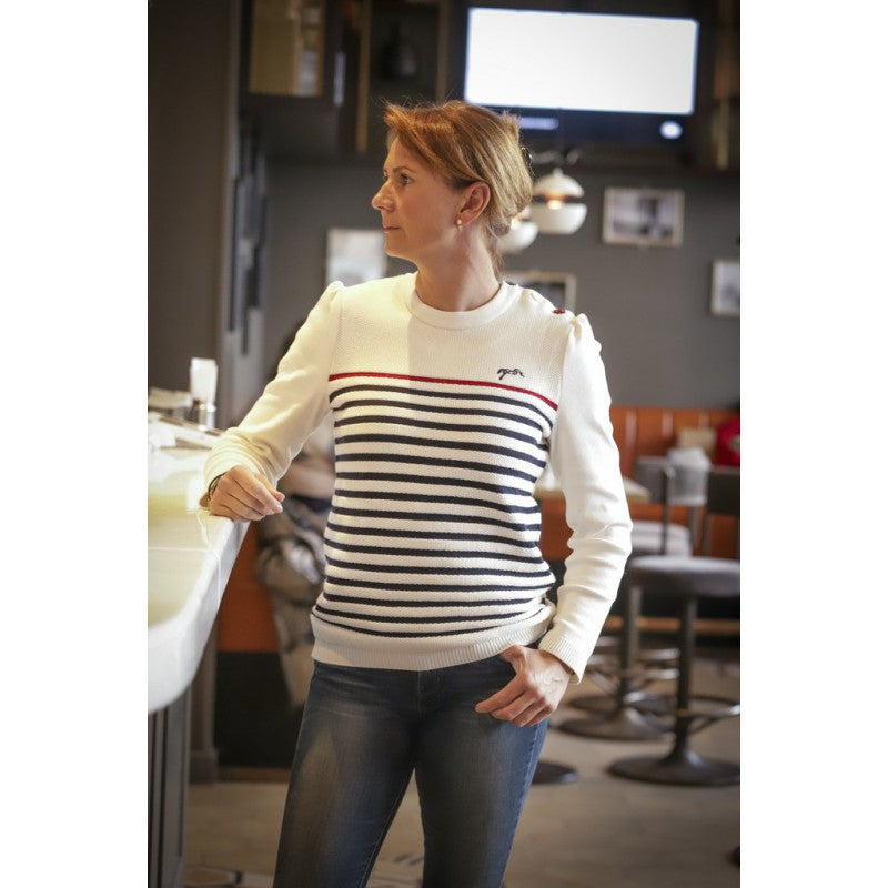 Saint James x Penelope Maëlle Sweater with navy, red and ecru sailor stripes.