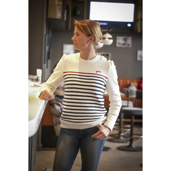 Saint James x Penelope Maëlle Sweater with navy, red and ecru sailor stripes.