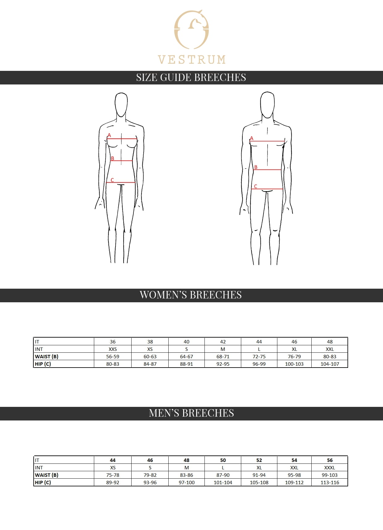 Vestrum breeches size chart