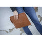 Slim leather laptop case for carrying a computer and documents.
