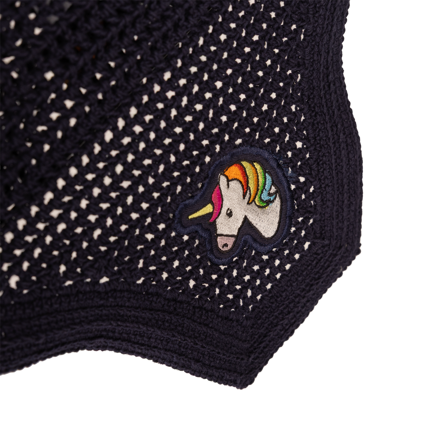 Soundproof equestrian fly veil with playful embroidered unicorn detail