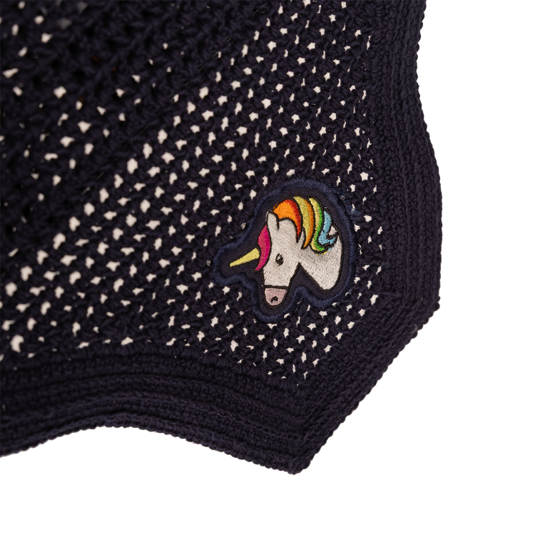 Soundproof equestrian fly veil with playful embroidered unicorn detail