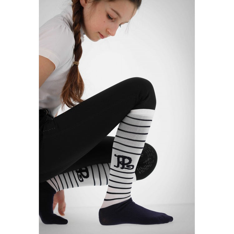Striped competition riding socks with a sporty design for equestrian shows and training.