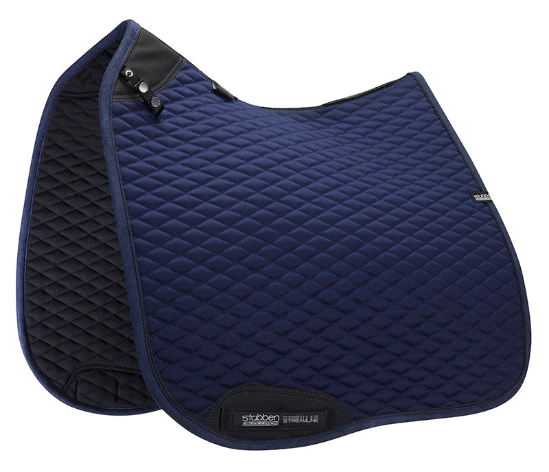 Stübben dressage saddle pad featuring an anatomical shape for horses.